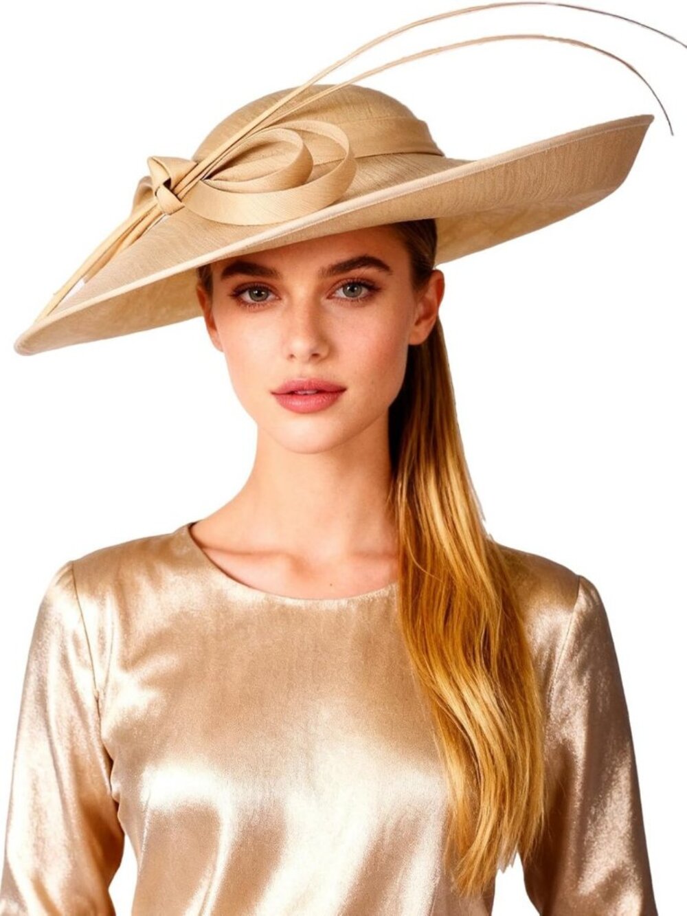 Stylish Wide Brim Fascinator Hat for Women - Kentucky Tea Party, Bow & Feather
